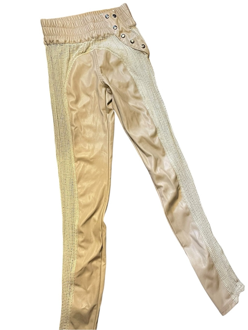 Beige Skinny Faux-Leather Pants with Knit Side Panels